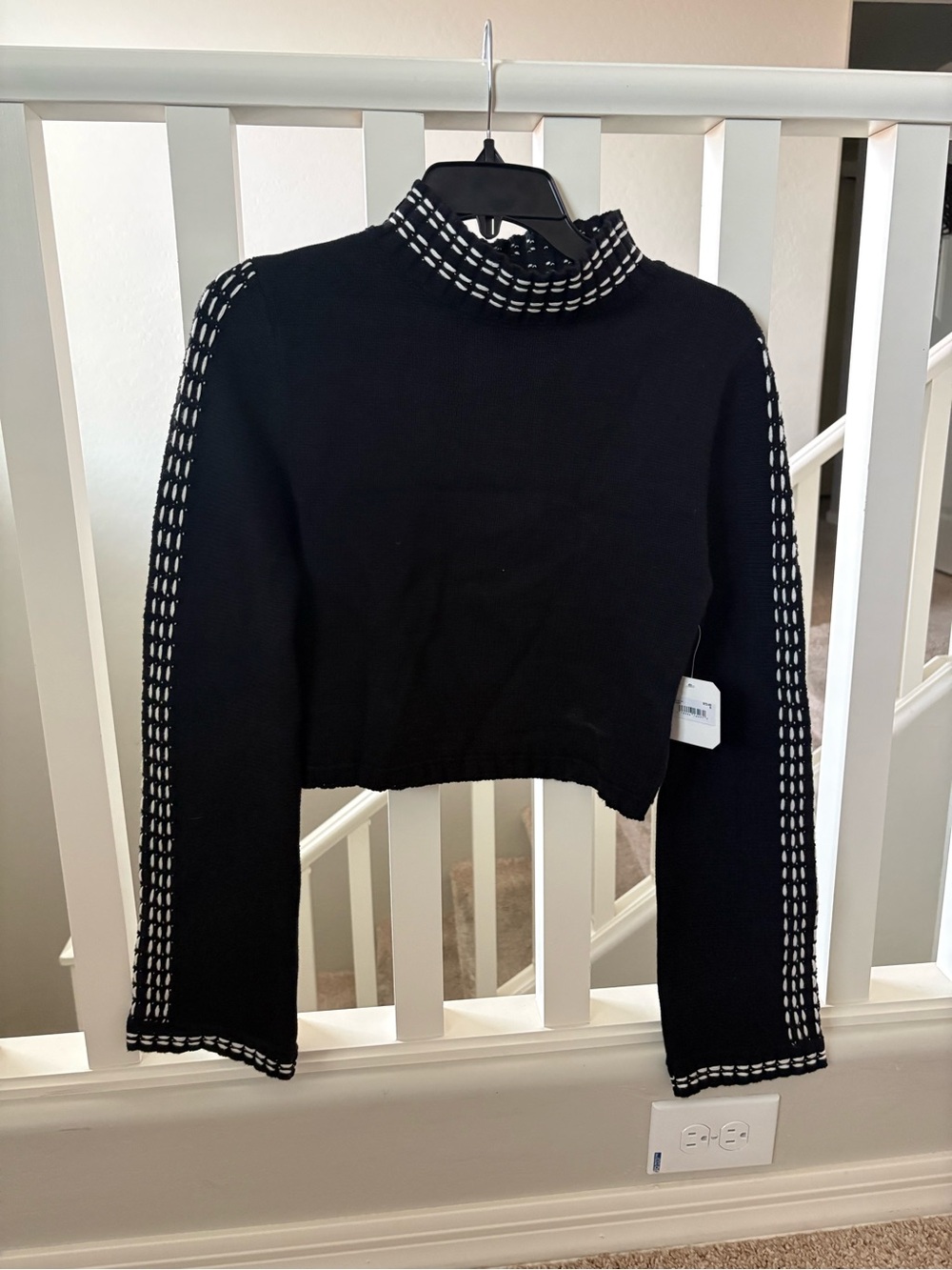 Coach Black Cropped Sweater with White Ladder-Stitch Accents